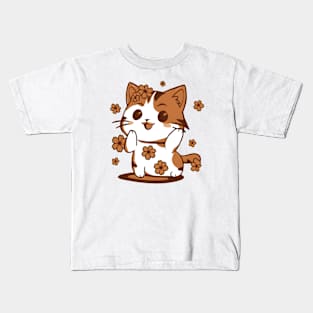 Smiling Cat with Flowers Kids T-Shirt